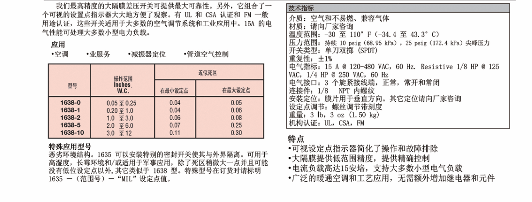 DWYER德威爾 1638系列 大隔膜差壓開關參數